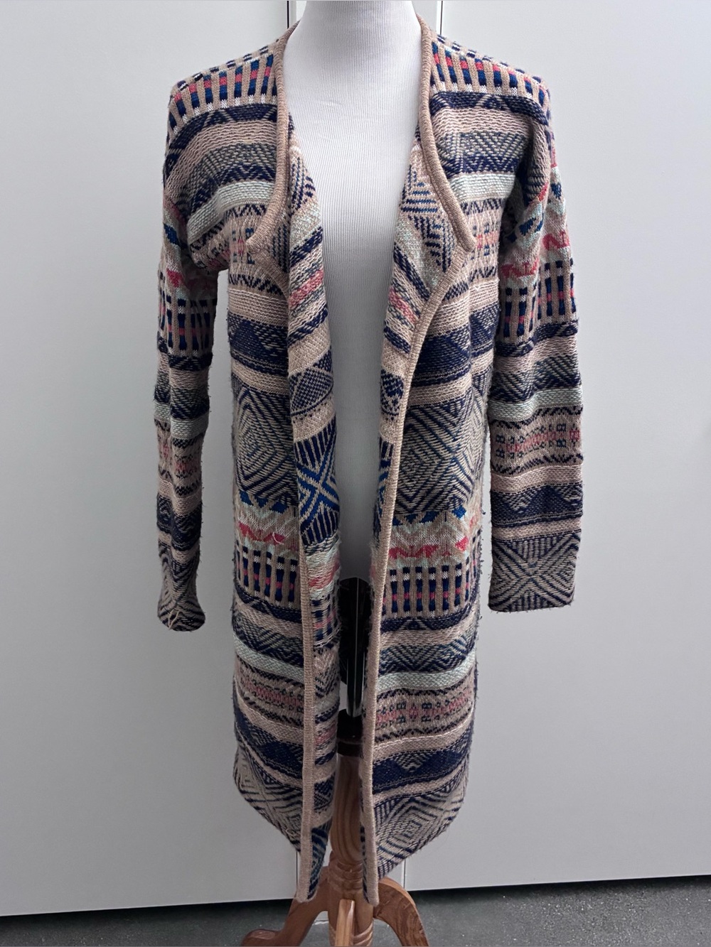 Calypso St. Barth Womens Med Wool Camel Blend Tribal Print Long Cardigan Sweater